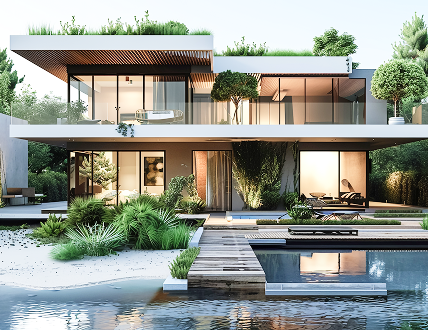 3d-rendering-modern-two-story-house-with-gray-wood-accents-large-windows-parking-space-t 3